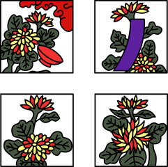 9月のカラーシンプル正方形花札アイコンセット