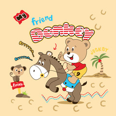Cute bear with little friend riding together in a playful and joyful vector illustration
