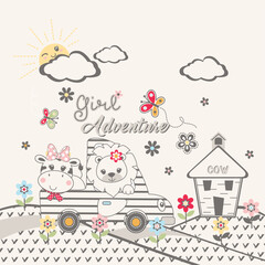 Cute animal vector happily playing in a beautiful flower garden with vibrant flowers and joyful energy
