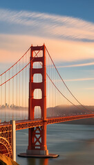 Fototapeta premium “Golden Gate Bridge at Sunrise” – A stunning view of the iconic Golden Gate Bridge in San Francisco, bathed in golden sunrise hues, with a solid pastel-blue sky in the background. 