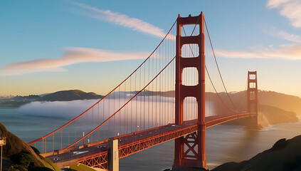 Fototapeta premium “Golden Gate Bridge at Sunrise” – A stunning view of the iconic Golden Gate Bridge in San Francisco, bathed in golden sunrise hues, with a solid pastel-blue sky in the background. 