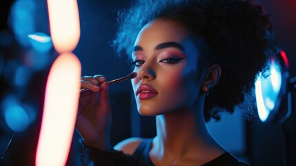 Fototapeta premium A makeup artist applies a brush to the eyelids of a young woman during a beauty event, highlighted by dramatic lighting that enhances the atmosphere and artistry.