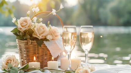 Romantic lakeside picnic with roses, candles, and champagne