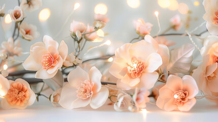 Soft peach flowers with fairy lights for romantic decor