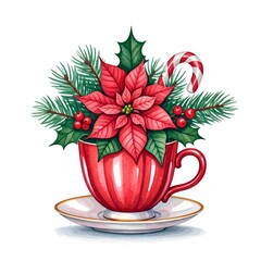 Christmas illustration of a red cup with a poinsettia, pine branches, holly and a candy cane, on a white background.