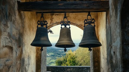 Obraz premium Three Ancient Bells Hang In A Rustic Stone Tower