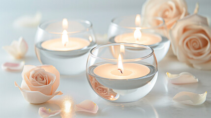 Floating candles with soft peach roses and petals