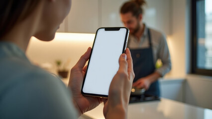 A person following a cooking recipe on their smartphone, with fresh ingredients and cooking utensils spread out on a kitchen counter.