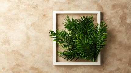 Host a beach party with tropical vibes minimalistic design featuring green palm fronds in white frame on sandy beige background