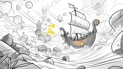 Ancient Ship Battling a Storm.