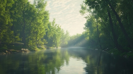 Obraz premium A serene forest scene with a river running through it