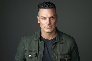 Obraz premium Confident Man in Casual Attire Against a Dark Background