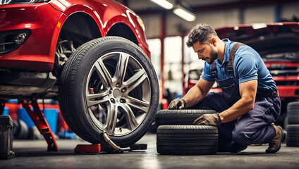 Automotive Service: Mechanics Changing Tire