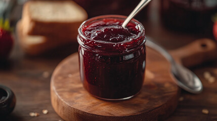 Sweet and healthy strawberry fruit jam in a glass jar on a wooden board on the kitchen table next to the spoon and a whole grain bread for nutritious dessert vegan meal. homemade organic marmalade.