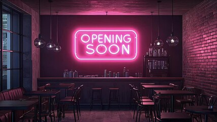 Vibrant pink and blue neon sign reading Opening Soon illuminates the interior of a modern bar or lounge, exuding an energetic and inviting ambiance