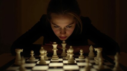 women is slightly leaning towards a chessboard illuminated by a diffused light, highlighting the white chess pieces. dark and mysterious warm tones chess game and the elegance 