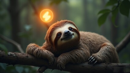 Fototapeta premium relaxed sloth lying on a tree branch. Above the sloth's head is a glowing 