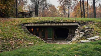 Fototapeta premium Hillside House Entrance Autumn Woods Setting