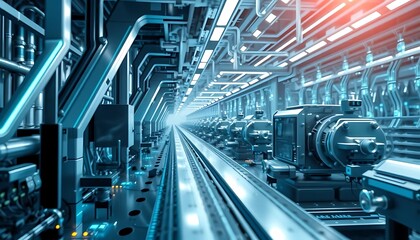 Fototapeta premium Futuristic Industrial Factory Interior with Advanced Machinery and Blue Lighting