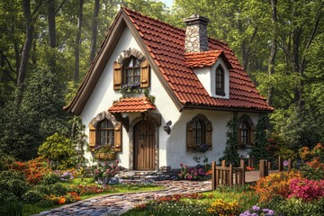 Fototapeta premium Enchanted Cottage Nestled in a Lush Forest Setting: A Fairytale Dream Home