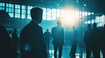 Multiple professionals in suits gather in a contemporary office setting, engaging in conversation while sunlight streams through large windows, creating a dynamic atmosphere.