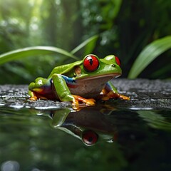 Macro shot of a red-eyed tree frog gripping a vine, its bright colors contrasting against the deep greens and yellows of the rainfores,Generative Ai
