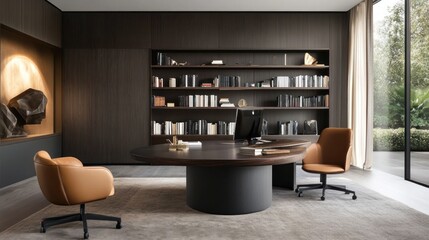 Modern Executive Office Interior Design: Luxurious Workspace with Dark Wood Accents and Tan Leather Chairs