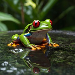 Macro shot of a red-eyed tree frog gripping a vine, its bright colors contrasting against the deep greens and yellows of the rainfores,Generative Ai
