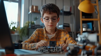 A boy inventor experiments with teamwork in remote work, learning how collaboration tools enable global projects