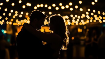 A couple shares a tender moment while dancing closely beneath glowing string lights. The enchanting atmosphere creates a magical and intimate vibe, perfect for romance.