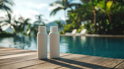 Two blank white empty sunscreen bottles mockup on wooden surface, cosmetic product advertising template swimming pool with palm trees blurred background. spf body skin protection, copy space.