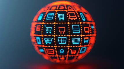 A glowing globe design featuring digital shopping cart icons, symbolizing e-commerce and online retail connectivity.