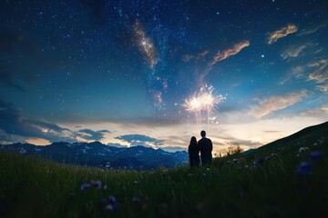 Fototapeta premium Couple watching fireworks from hilltop romantic scene nature under starry sky intimate moment