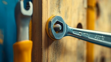 A vibrant shot of an Allen wrench turning a bolt on a wooden panel, showcasing the simplicity of furniture assembly