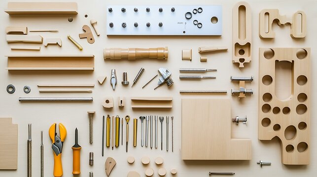 An organized layout of small tools, fasteners, and wooden parts used for assembling flat-packed furniture