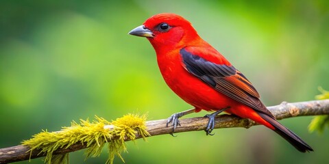 Fototapeta premium Isolated Scarlet Tanager Bird Perched on a Branch with Soft De-Focused Background for Stunning Product Photography