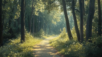 Fototapeta premium A serene pathway winds through a lush green forest, bathed in soft morning sunlight. Sunbeams filter through the tall trees, creating a peaceful atmosphere.