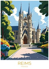 Reims France Retro Travel Poster Illustration Wall Art Decor Gift Canvas Print