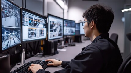 Fototapeta premium A man AI developer works on digital twin technology, creating virtual replicas of production lines for process simulation