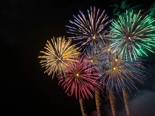 Spectacular fireworks display celebrating new year's eve city skyline night sky