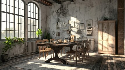 Rustic Charm: Sunlit Dining Room in Vintage Loft