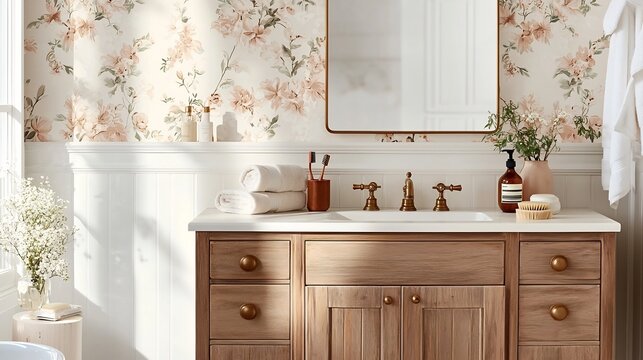 Vintage inspired bathroom with a beautiful floral wallpaper a wooden vanity and bronze accents creating a serene and charming atmosphere with a plain section of the wall providing copy space