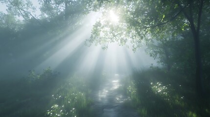 Obraz premium Sunbeams Piercing Morning Mist in a Forest Stream. AI Generated