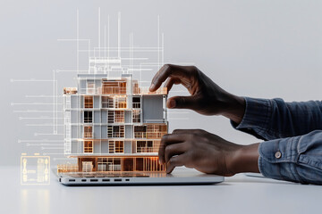 Hands manipulate a holographic building model using digital design software, showcasing advanced technology in a minimalistic workspace with sleek, modern lighting