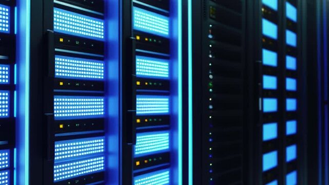 Modern data center with blue server racks featuring advanced technology
