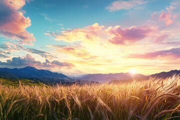 Fototapeta premium Gentle breeze sways wheat fields serene countryside at sunset landscape photography warm colorful sky tranquil viewpoint nature's serenity