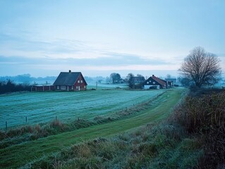 Awakening serenity countryside landscape at dawn tranquil fields and farmhouses in soft blue light