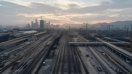 Fototapeta premium Drone perspective reveals an extensive urban construction site with geometric structures and road layouts