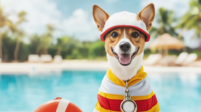 Dog in a lifeguard uniform with a whistle and rescue buoy, sitting by a pool, occupation costume, realistic style - Powered by Adobe