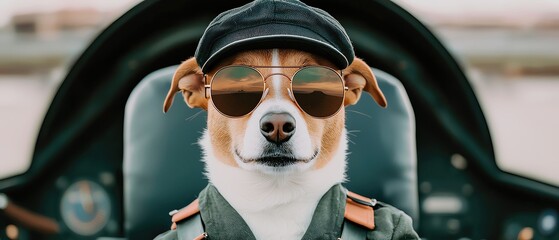 Dog in a pilots uniform with aviator sunglasses and cap, sitting in a cockpit, occupation costume, realistic style